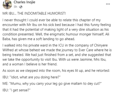 Actor, Charles Inojie, shares his memorable encounter with his ailing colleague, Mr Ibu, on his sick bed
