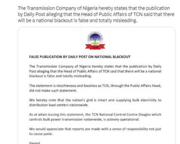 TCN denies shutting down National grid over Labour strike